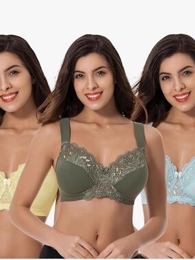 Lace-Trim Wireless Bras in Olive Green, yellow and light aqua (set of 3)